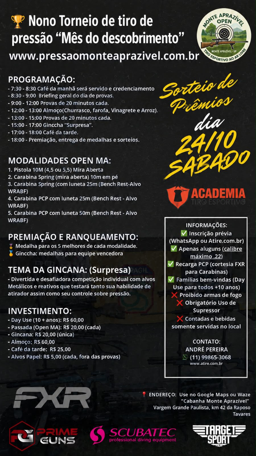 Programação do 9º Torneio de Tiro de Pressão em 24 de outubro, com horários, modalidades e premiação