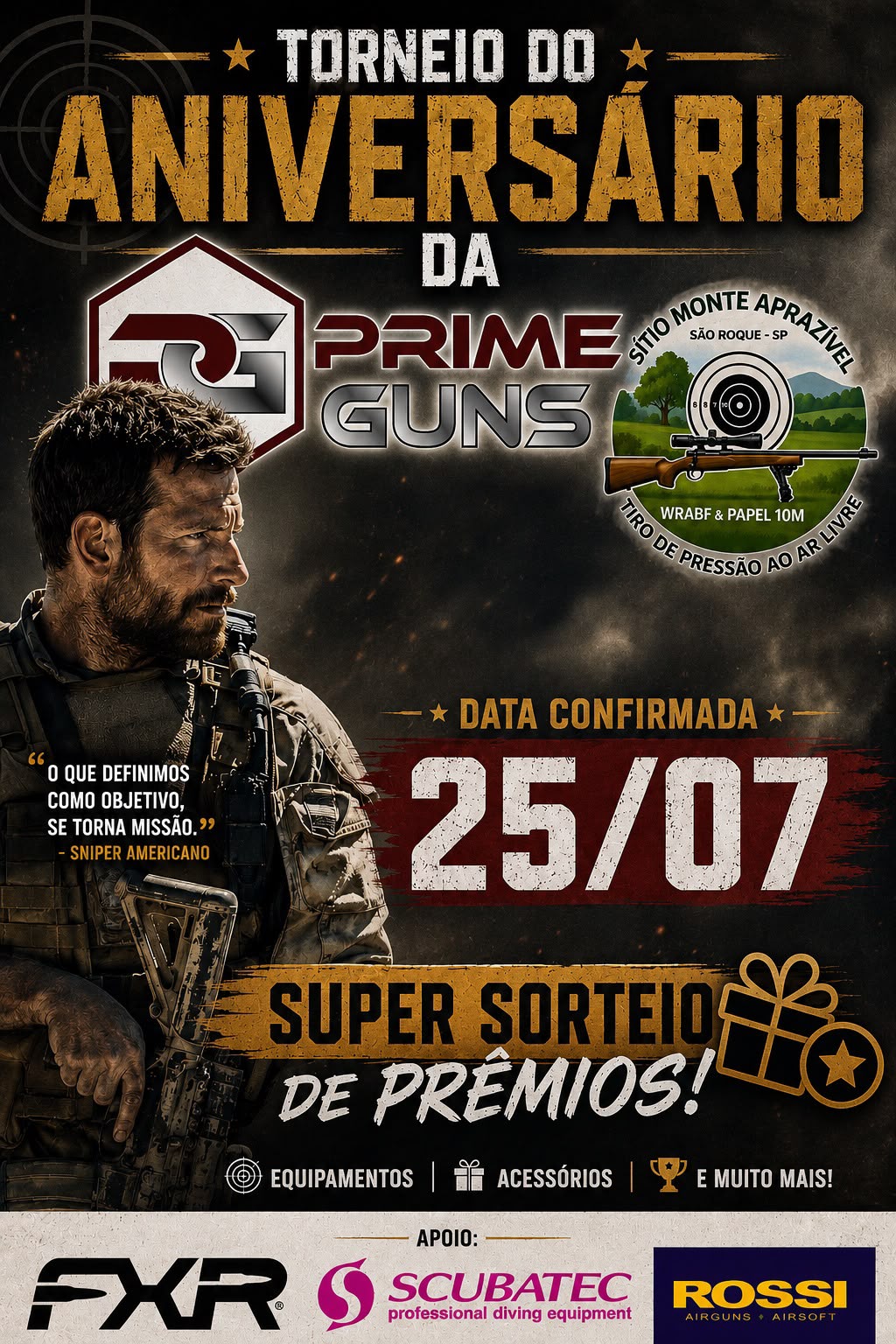 Arte do torneio de aniversário da Prime Guns em 25 de julho